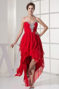 Red Asymmetrical Sweetheart Prom Maxi Dress with Beading and Ruches