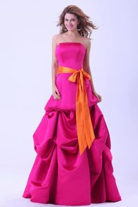 Strapless Floor-length Pick Ups Hot Pink Prom Dress with Sash