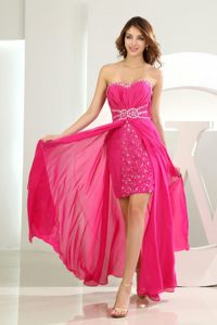 Beading and Ruches Accent High-low Prom Court Dresses in Hot Pink