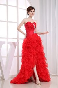 Ruched Red High-low Prom Court Dresses with Ruffles and Beading