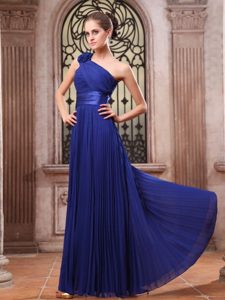 One Shoulder Pleated Royal Blue Prom Dress with Flower