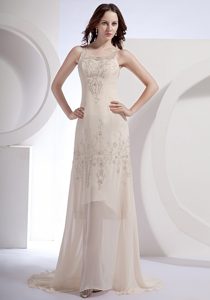 Champagne Scoop Brush Train Prom Cocktail Dress with Beading 2014