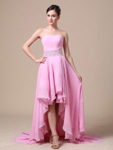 Asymmetrical Prom Evening Dress Strapless with Beading Decorate Waist