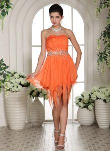 Discount Orange Strapless Ruched Prom Cocktail Dress Beading High-low