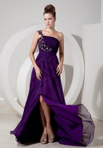 Purple High Slit Prom Evening Dress Appliques One Shoulder Floor-length