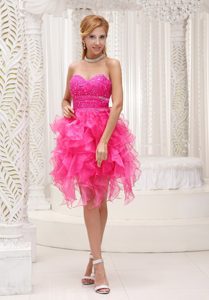 Special High-low Prom Nightclub Dresses Beaded Sweetheart in Hot Pink