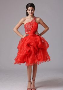 Custom Made Red One Shoulder Beaded Prom Cocktail Dress Organza