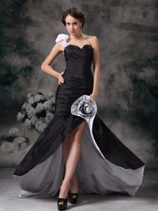 Special Black Floral Shoulder High Slit Prom Evening Dress Ruched