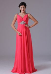 Coral Red V-neck Beading and Ruch Prom Dress on Promotion