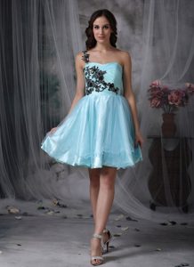 Appiqued Shoulder Aqua Blue Short Prom Dress 2013 Cheap