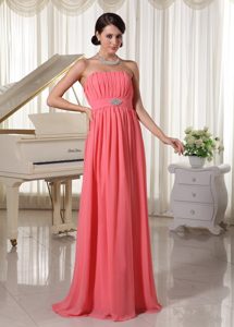 Watermelon Red Chiffon Beaded Ruched Long Prom Dress