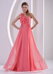 Pretty Empire One Shoulder Flowers Long Watermelon Prom Dress