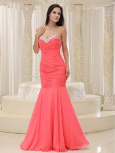 Mermaid Sweetheart Beaded Ruched Prom Dress in Coral Red