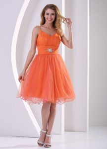 Beading Sash Orange Mini Prom Theme Dresses with Spaghetti Straps
