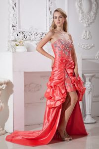 Taffeta Beaded Prom Dress in Watermelon Red with Flowers