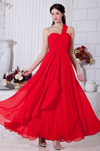 Ruched Red One Shoulder Prom Theme Dresses of Ankle Length 2014