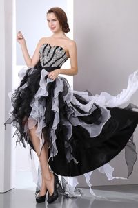White and Black High-low Prom Theme Dress with Ruffles and Beading