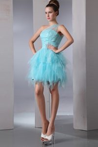 Beaded One Shoulder Ruffles Prom Theme Dress in Aqua Blue 2014