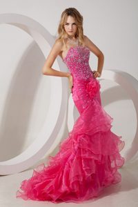 Hot Pink Mermaid Brush Ruffles Prom Evening Dress Beaded