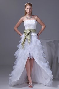 White High-low Prom Dress with Green Sash and Embroidery