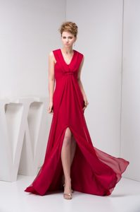 Wine Red Prom Evening Dress with V-neck Straps and Brush Train
