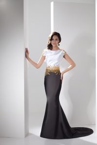 Trumpet Prom Gown in White and Black with Gold Beadings