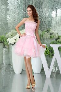 Baby Pink Organza Mini Prom Gown Dress with Appliques and Sash