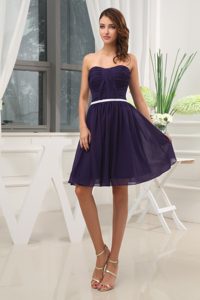 Ruched Dark Purple Chiffon Mini Prom Gown Dress with White Belt