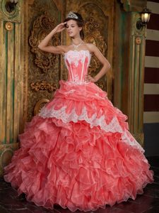 Graceful Watermelon Strapless Organza Ruffled Dress for 15 Appliques