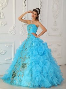 Attractive Aqua Blue Ruffled Quinceanera Gowns Strapless Embroidery