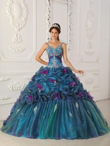 Straps Teal Ball Gown Organza Quinceanera Dress with Chapel Train