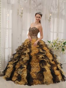 Organza and Leopard Sweetheart Sweet Sixteen Dresses with Ruffles