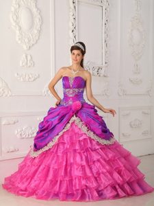 Ruching Hot Pink Ball Gown Lace and Appliques Sweet 16 Dresses