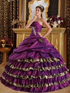 One Shoulder Taffeta and Leopard Purple Ball Gown Appliques Dresses 15