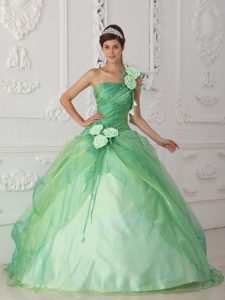 One Shoulder Apple Green Beading Quinceanera Dress with Hand Flower