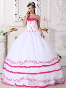 White and Hot Pink Quinceanera Dress with Beading and Embroidery