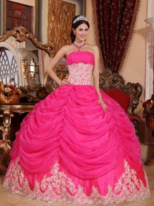 Strapless Hot Pink Ball Gown Organza Quinceanera Dress with Beading