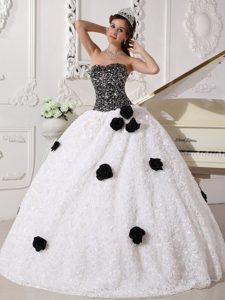 Sequins and Hand Flowers White and Black Strapless Dresses For 15