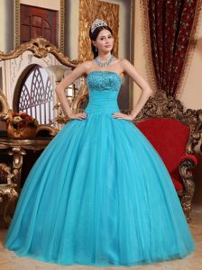 Embroidery with Beading Aqua Blue Strapless Dresses For a Quinceanera