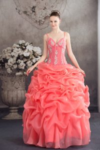 Spaghetti Straps Watermelon Quinceanera Dress with Appliques and Pick-ups