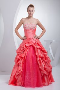 Watermelon Red A-line Quinceanera Dress with Pick-ups and Appliques