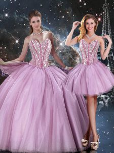Noble Lilac Ball Gowns Sweetheart Sleeveless Tulle Floor Length Lace Up Beading Ball Gown Prom Dress