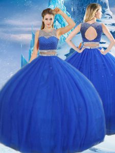 Discount Tulle Scoop Sleeveless Clasp Handle Beading and Sequins Sweet 16 Dresses in Royal Blue