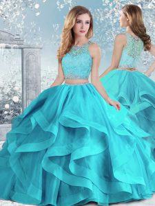 Deluxe Scoop Sleeveless Organza Quinceanera Gowns Beading and Ruffles Clasp Handle