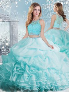 Top Selling Aqua Blue Scoop Clasp Handle Beading and Ruffles and Pick Ups Ball Gown Prom Dress Sleeveless