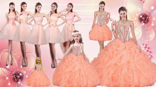 Orange Ball Gowns Organza Straps Sleeveless Beading and Ruffles Floor Length Lace Up Vestidos de Quinceanera