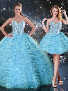Elegant Aqua Blue Tulle Lace Up Quince Ball Gowns Sleeveless Floor Length Beading and Ruffled Layers