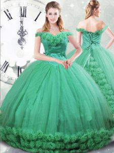 Sleeveless Hand Made Flower Lace Up Quinceanera Gowns with Turquoise Brush Train