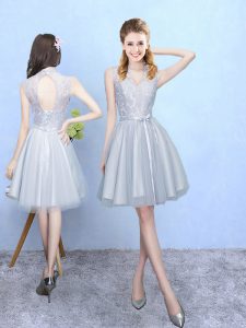 Extravagant Silver Sleeveless Lace Knee Length Court Dresses for Sweet 16