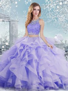 Custom Designed Lavender Ball Gowns Beading and Ruffles Sweet 16 Dress Clasp Handle Organza Sleeveless Floor Length